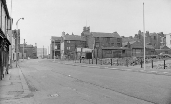 Beetwell Street, Chesterfield, 1964. Showing buildings demolished on the north side of Beetwell Street, with the Municipal Hall in the distance.