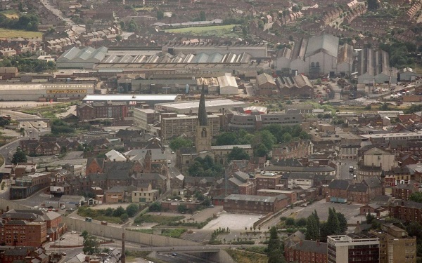 Aerial View of Chesterfield A61 and Crooked Spire of Parish Church of Saint Mary and All Saints, 1990 - Paul Greenroad