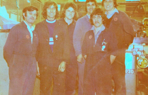 The guys from the 'Toolroom' Bryan Donkins early 70s. I am on the front row on the right. Had some hair then. - Neil Botham