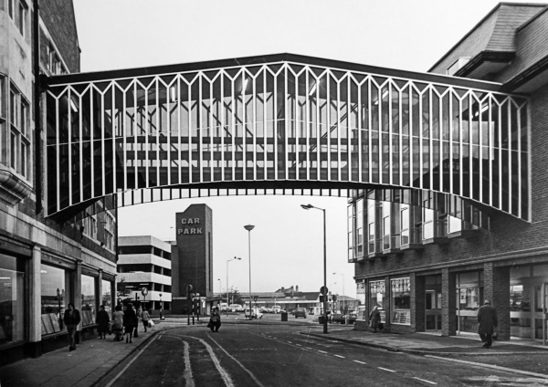 Bridge over Elder Way and the former multi-storey car park in the background - 1981 Paul Greenroad