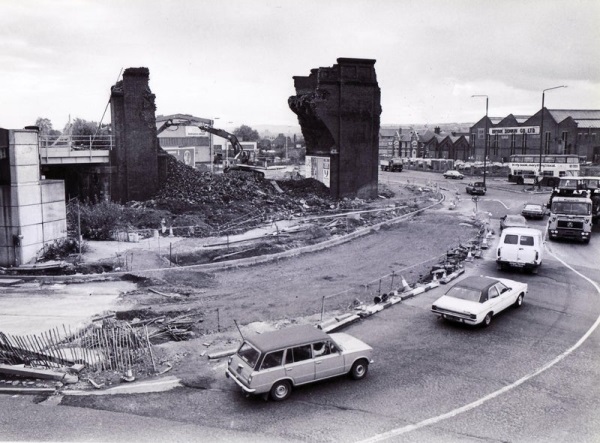 Demolition of the old Horns Railway Bridge, Chesterfield, once part of a railway viaduct which straggled the main Derby Road, now being removed to make way for the new by-pass - 23rd October 1984- Mick Walpole