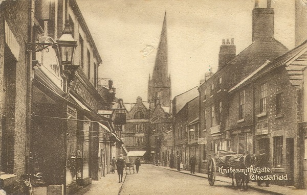 Knifesmithgate with the Crooked Spire in the background, sent in April 1920 - Chesterfield Museum.