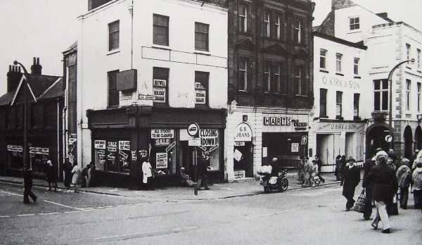 Low Pavement 1975. Shops have been vacated for the 'Pavements scheme' The famous 'long window' has been removed for safe-keeping. - Neil Botham