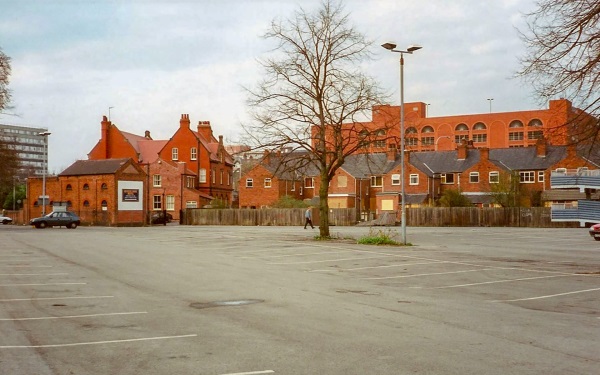 Chesterfield, late 1990s - Car Park Behind Houses on Markham Road. The back of the Queens Park Hotel and terraced houses. - Paul Greenroad