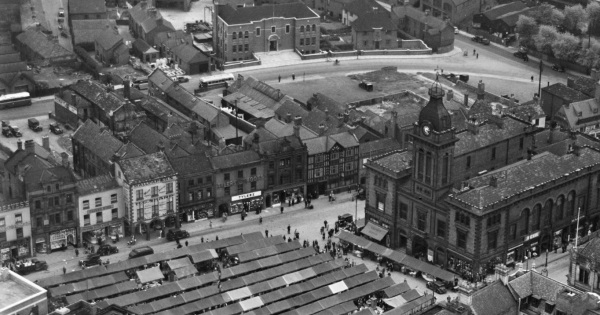 Aerial view, Market Hall, Low Pavement and Markham Road. 1938 - Rob Marriott