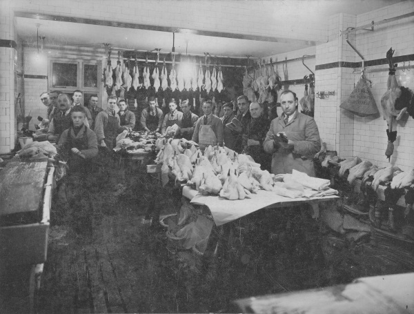 Peter Warner butchers preparing the birds for Christmas in the 1930s. - Chesterfield Museum