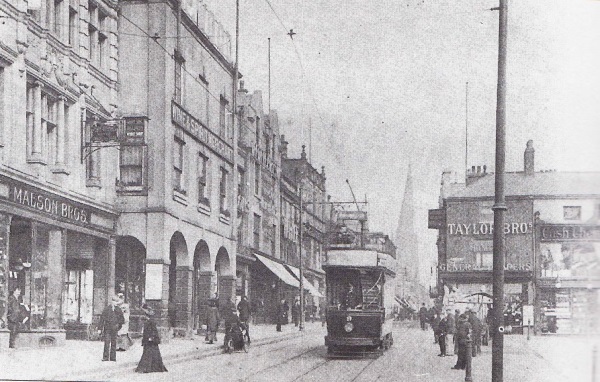 Open top Tram Car on 'High Street', by the market place. Probably around 1907 the early tram period. - Neil Botham